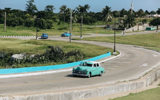 Cars driving along a Cuban road between palm trees and green fields
