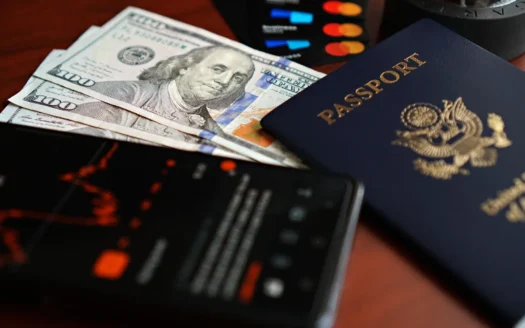 Banknotes, cards and a passport laid out on a table before a trip