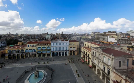 High-angle view of Old Havana's Plaza Vieja with its colorful colonial buildings