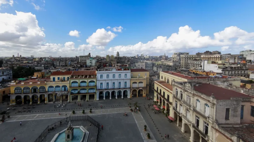 High-angle view of Old Havana's Plaza Vieja with its colorful colonial buildings