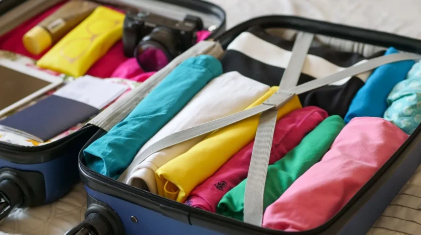 Maleta abierta con ropa y objetos de viaje ordenados
