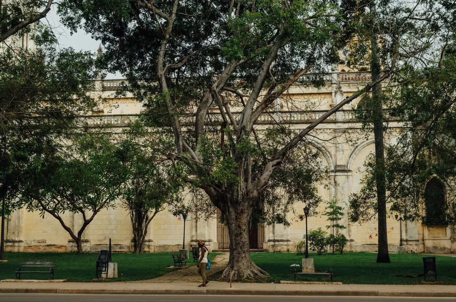Mujer caminando junto a un parque con árboles y arquitectura histórica en La Habana
